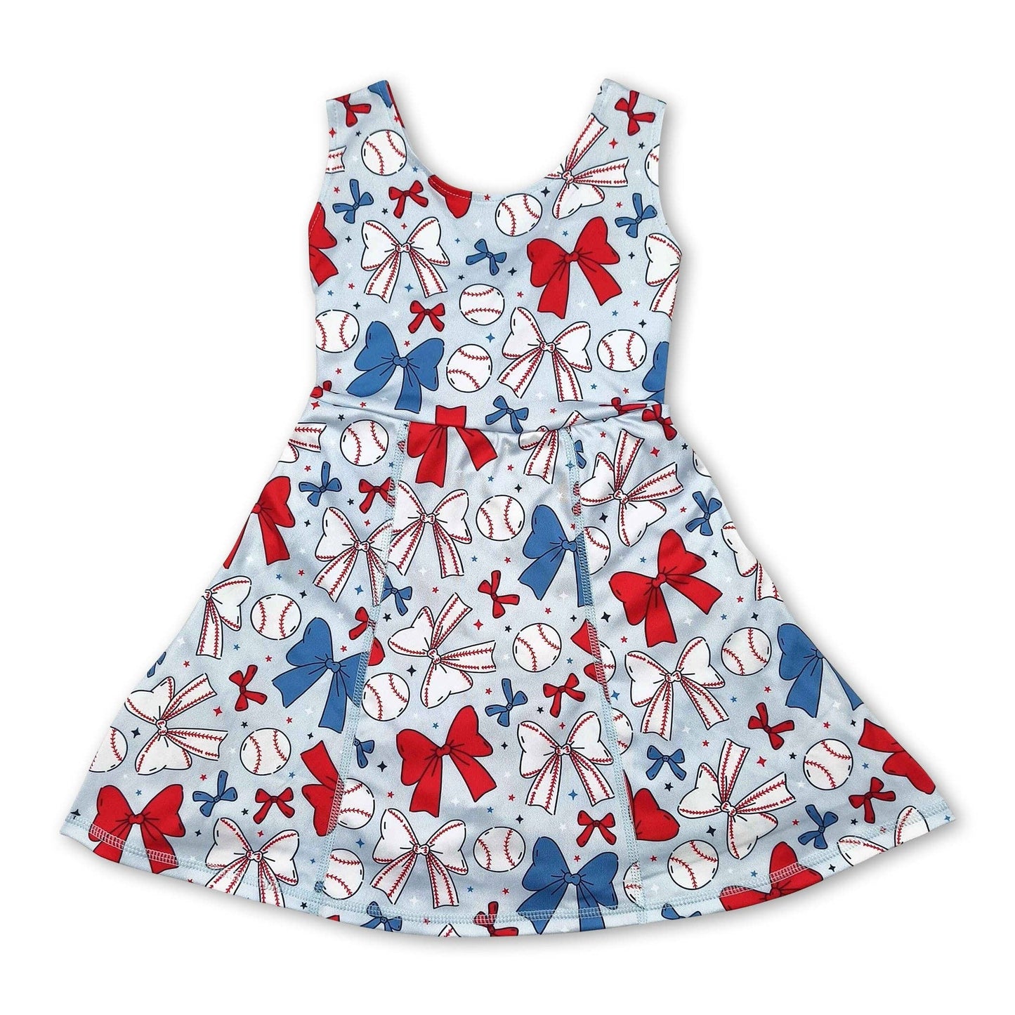 Sleeveless red blue bow baseball kids girls athletic dresses: Dress / 4T