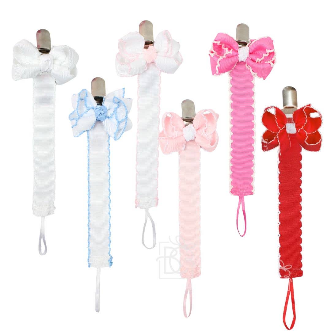 Crochet Edge Grosgrain Pacifier Clip w/ Detachable Bow: White w/ Light Pink Crochet Edge