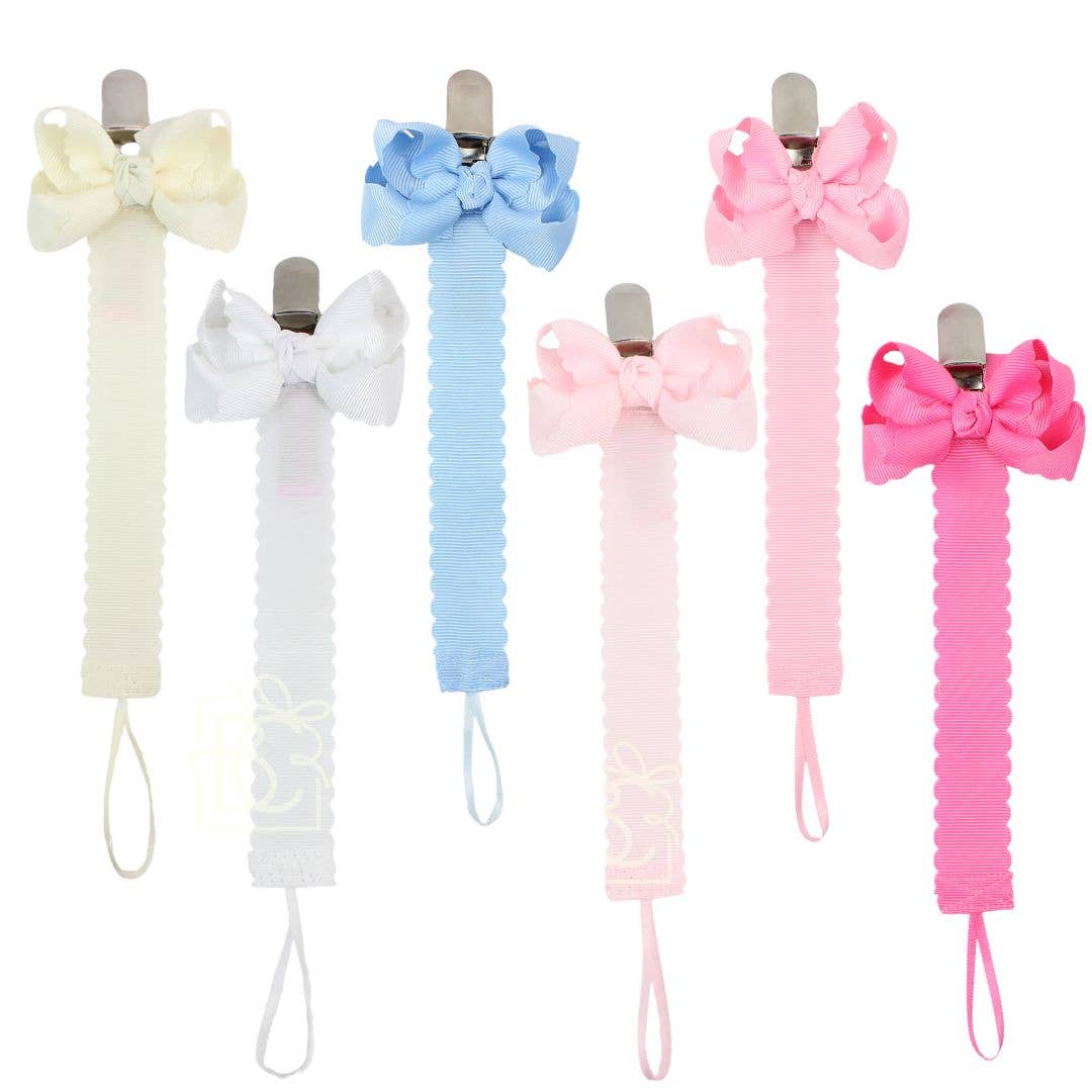 Scalloped Grosgrain Pacifier Clip w/ Detachable Bow: White
