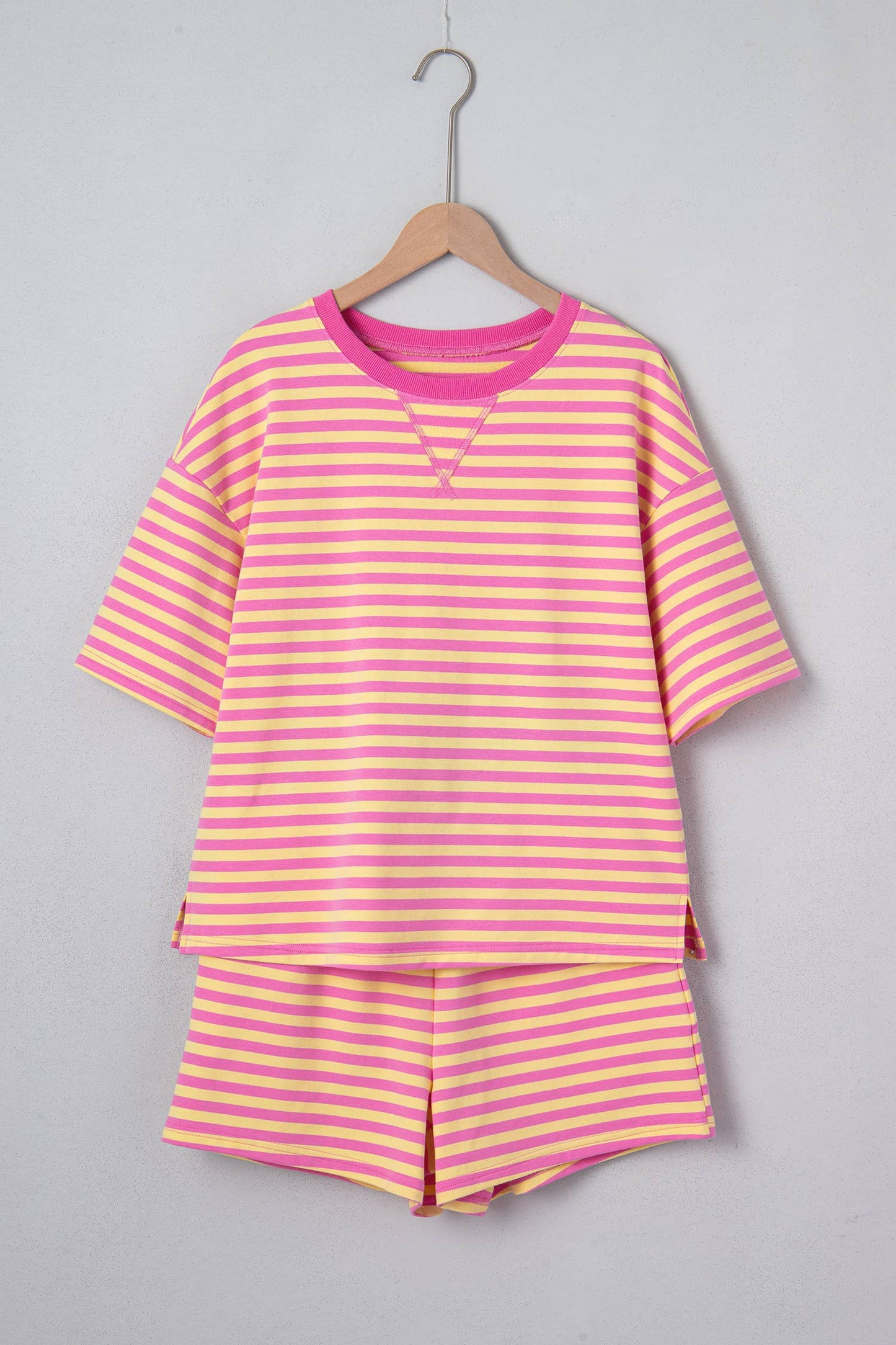 LAS Stripe Contrast Trim Boxy Terry Short Set (S-XL): Rose Stripe / Missy / L