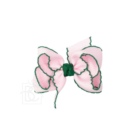 New Crochet Edge Ribbon (Light Pink w/ Forest Green Edge): 4.5" Large