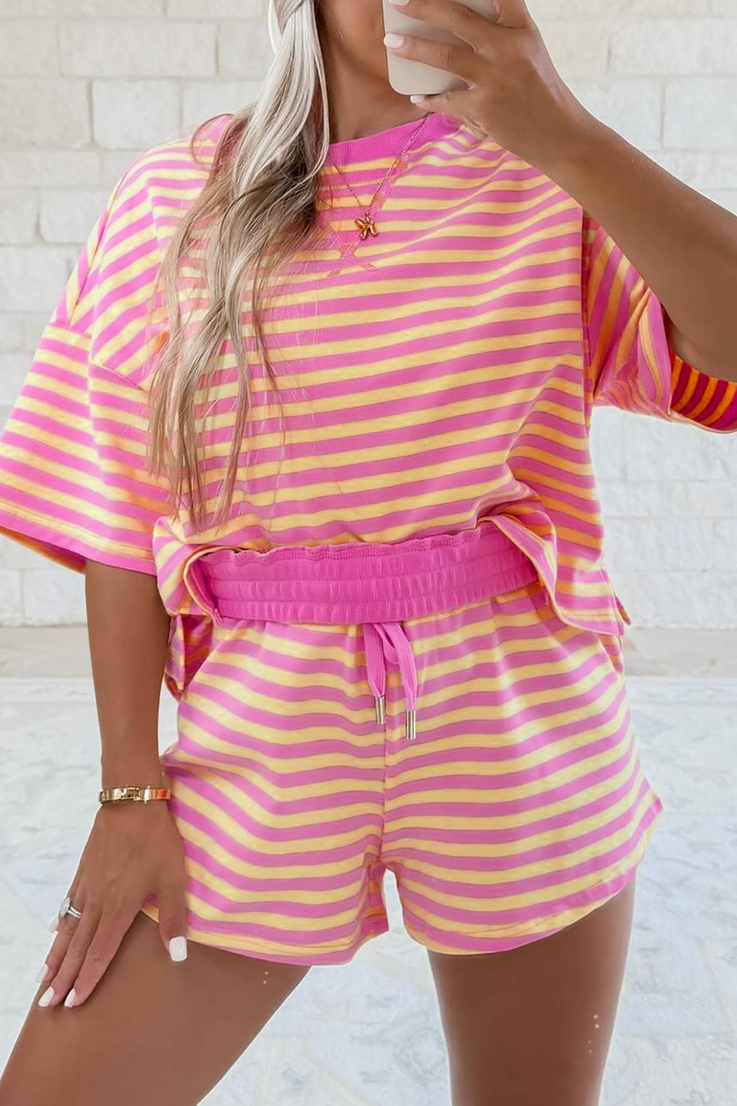 LAS Stripe Contrast Trim Boxy Terry Short Set (S-XL): Rose Stripe / Missy / S