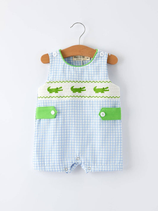 Baby Boys Summer Crocodile Embroidered Smocked Romper: 18M