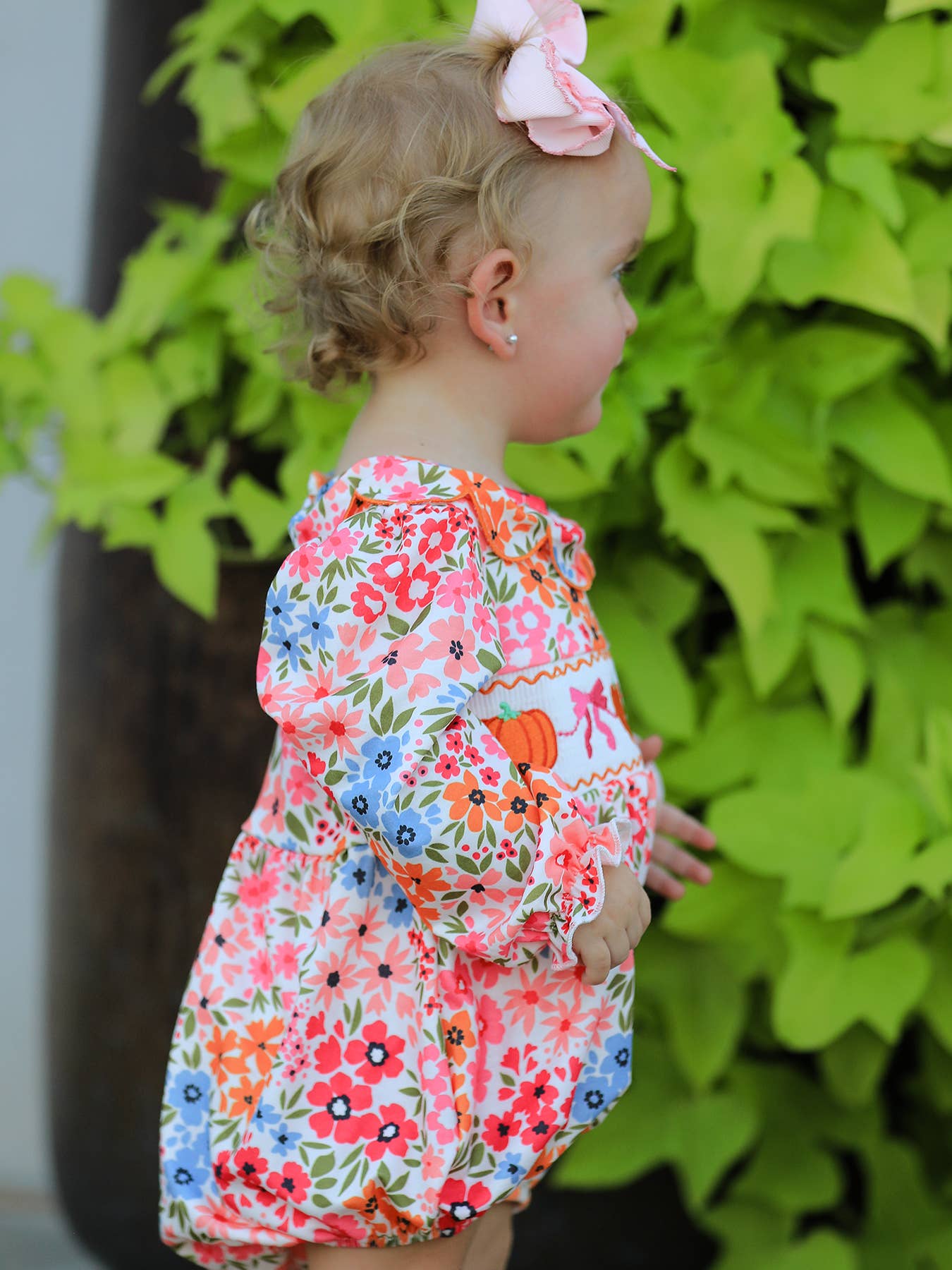 Pumpkin Bow Embroidered Floral Bubble