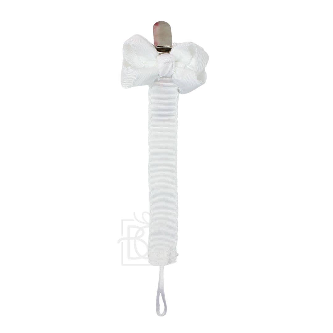 Crochet Edge Grosgrain Pacifier Clip w/ Detachable Bow: White w/ Light Pink Crochet Edge