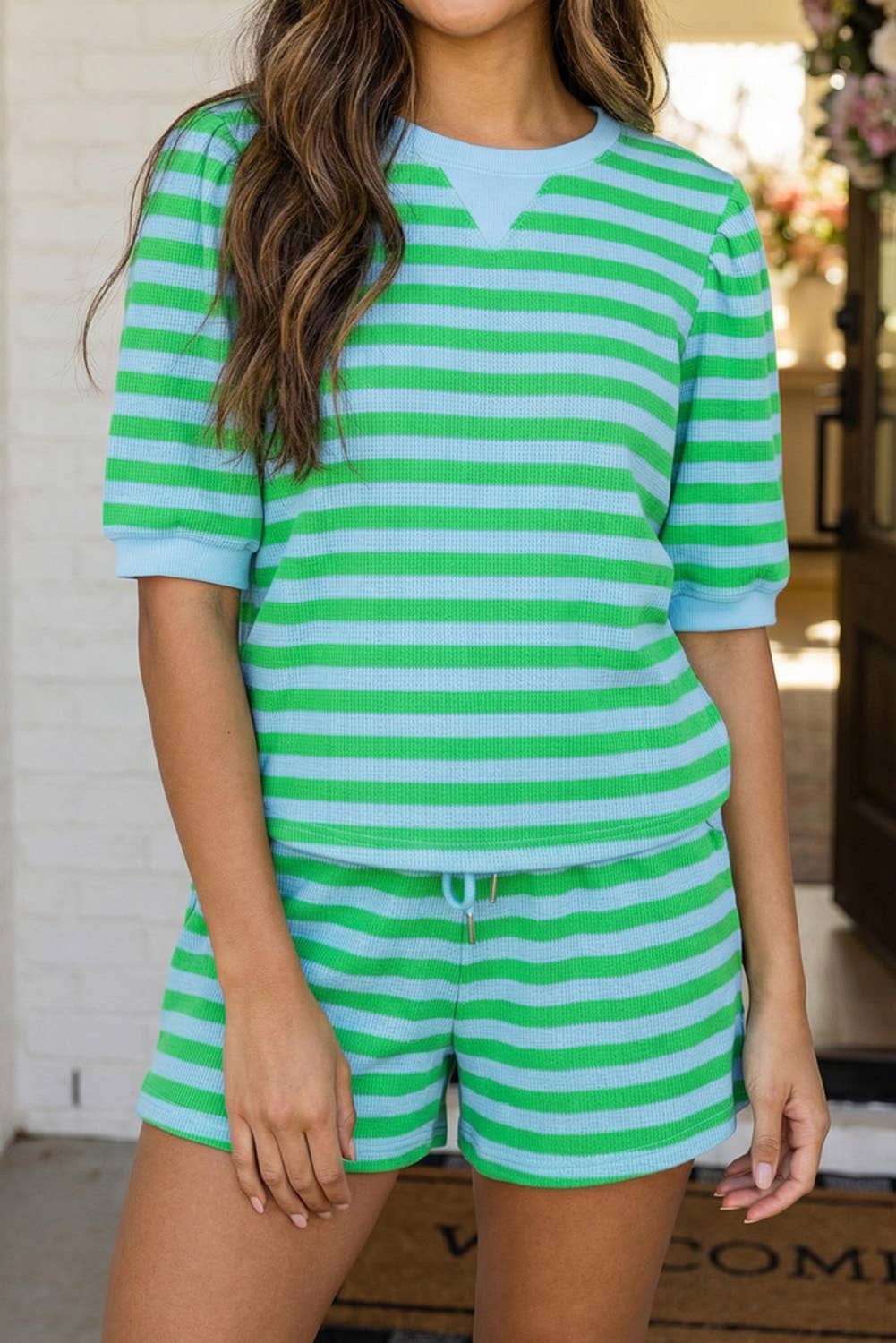 LAS Stripe Puff Sleeve T Shirt Matching Shorts Set (S-XL): Green Stripe / Missy / S