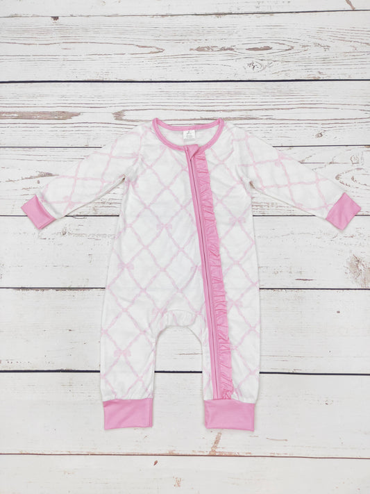Baby Pink Bow Print Sleeper with Ruffle: 0-3M
