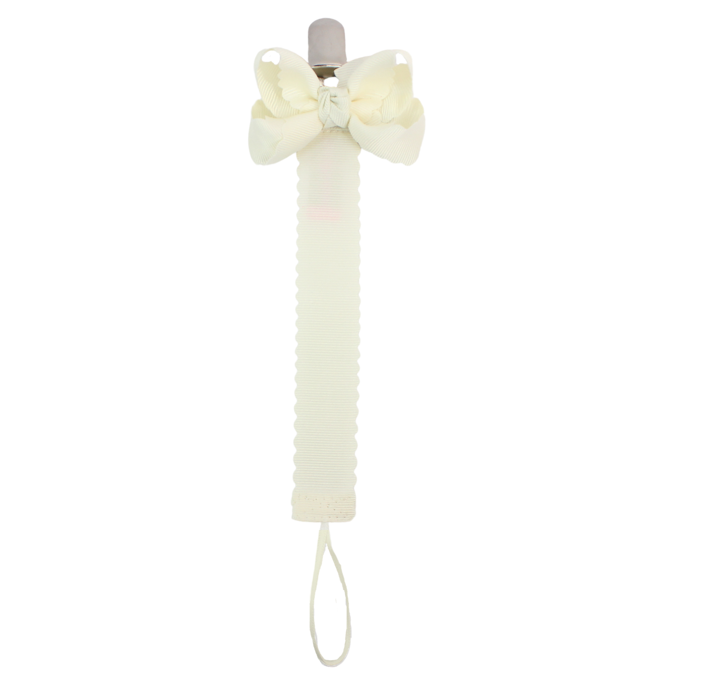 Scalloped Grosgrain Pacifier Clip w/ Detachable Bow: White