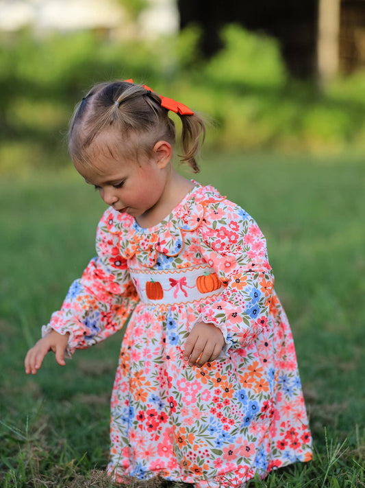 Pumpkin Bow Embroidered Floral Dress